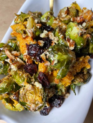 Roasted Brussels + Butternut Squash with Almond Butter-Maple Syrup Glaze